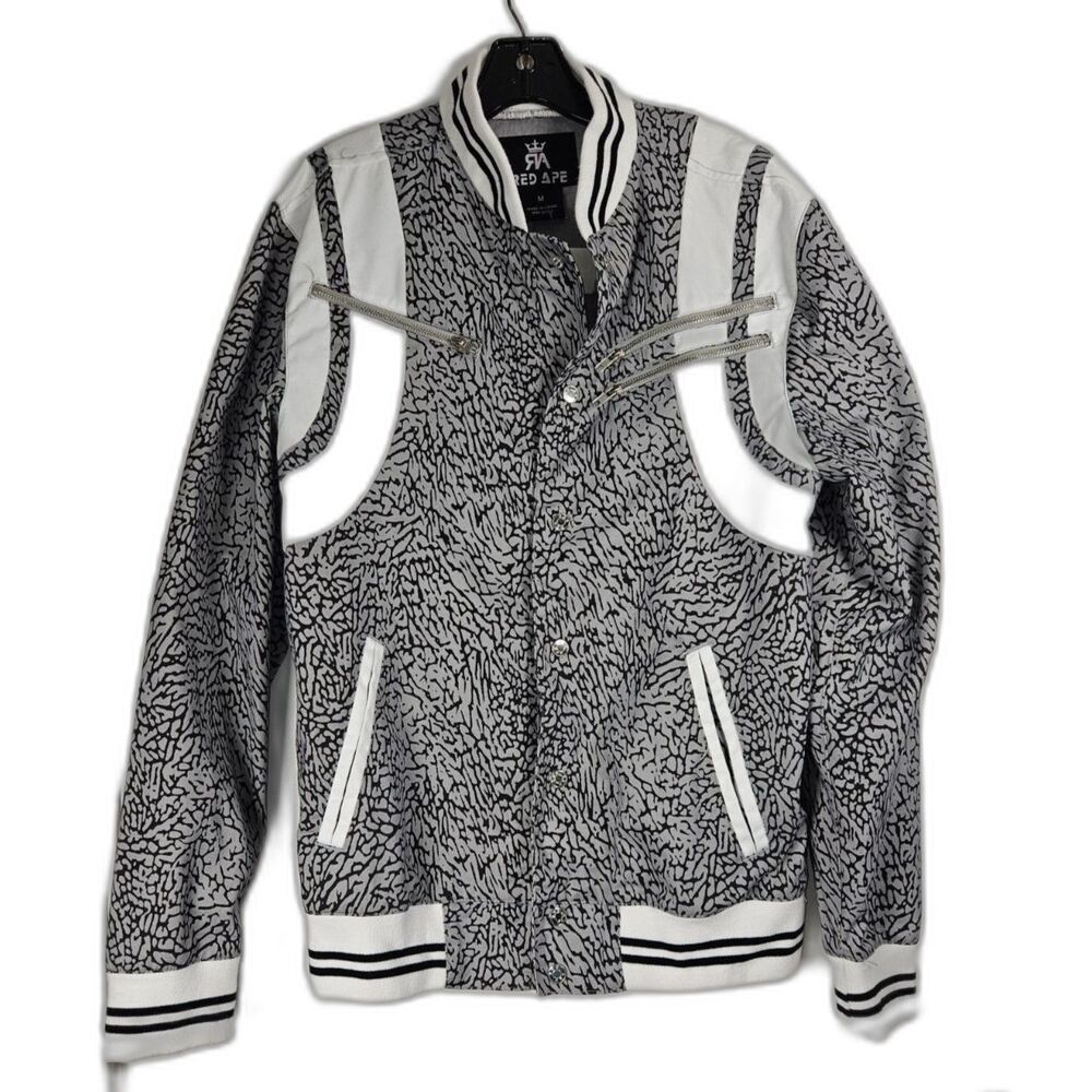 Red Ape Mens Grey White Elephant Print Varsity Bomber Letterman Jacket Size M